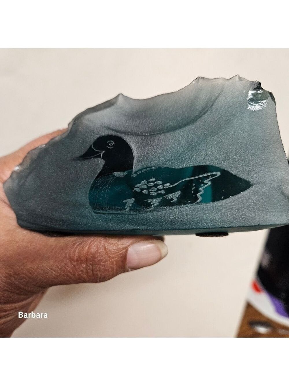 Vintage Teal Sea Glass Inuit Etched Duck Paperweight